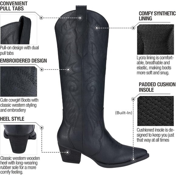 Women's Chunky Knee High Heel Western Leather Embroidered Black Boot - Picture 2 of 6